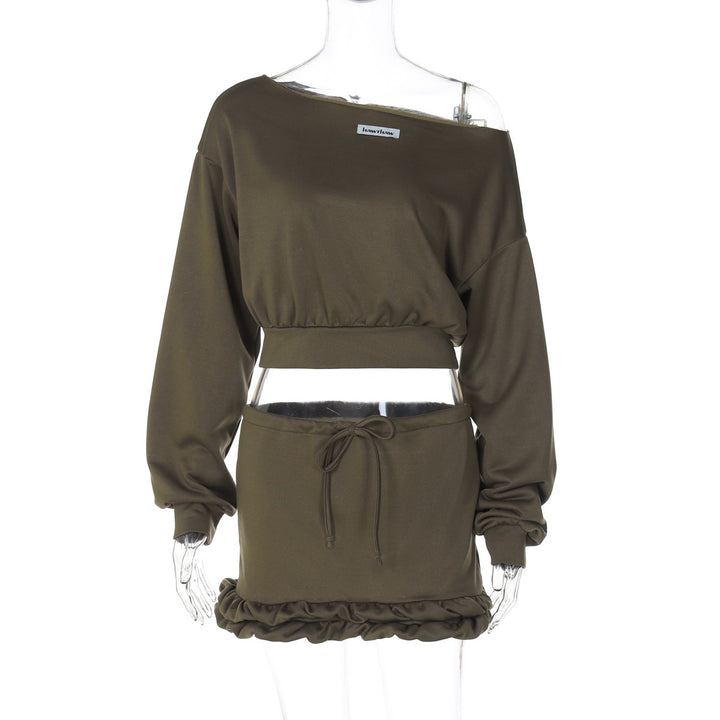 Dame Casual Sweatshirt og Kort Nederdel Sæt med Rynket Kant og Asymmetrisk Design Stilla