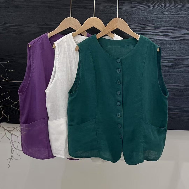 Femme Stilfuld Linned Knap-Up Vest Stilla