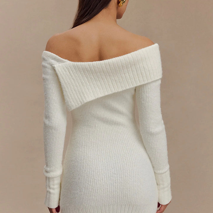 Dame Off-Shoulder Strikkjole med Ripstruktur og Lang Arm Stilla