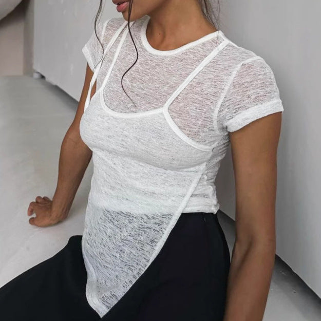 Dame asymmetrisk T-shirt med gennemsigtigt stof og moderigtigt snit Stilla