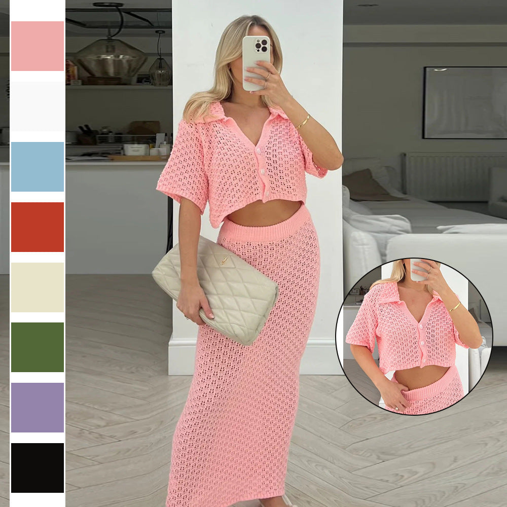 Dame afslappet strik sæt med cropped jakke og omslagsskirt Skovae