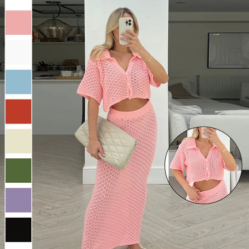 Dame afslappet strik sæt med cropped jakke og omslagsskirt Skovae