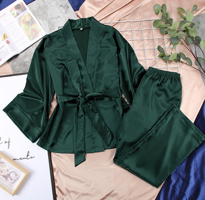 Dame Satin Pyjamas Sæt med elegant Kimono Overdel og brede Bukser Stilla