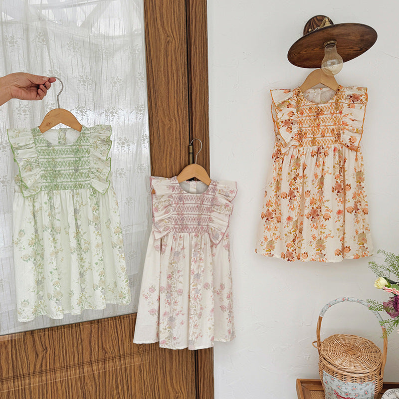 Pige Floral Smocked Kjole med Rufflesleeves Stilla