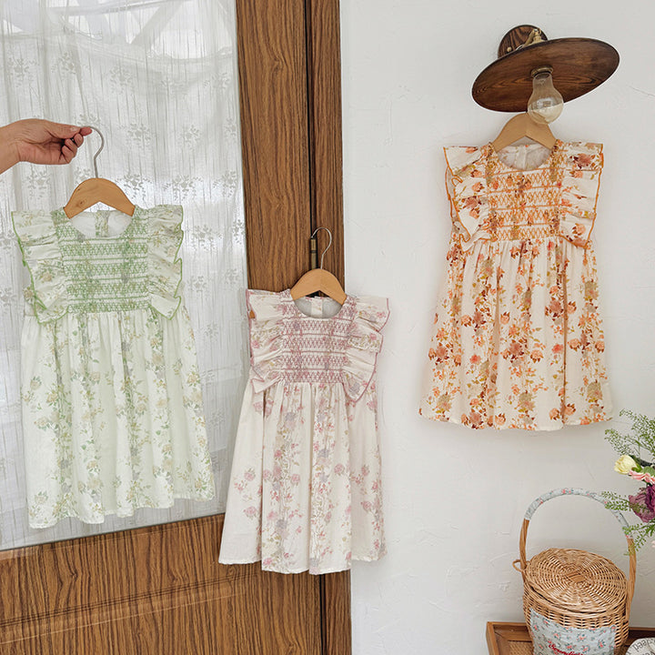 Pige Floral Smocked Kjole med Rufflesleeves Stilla