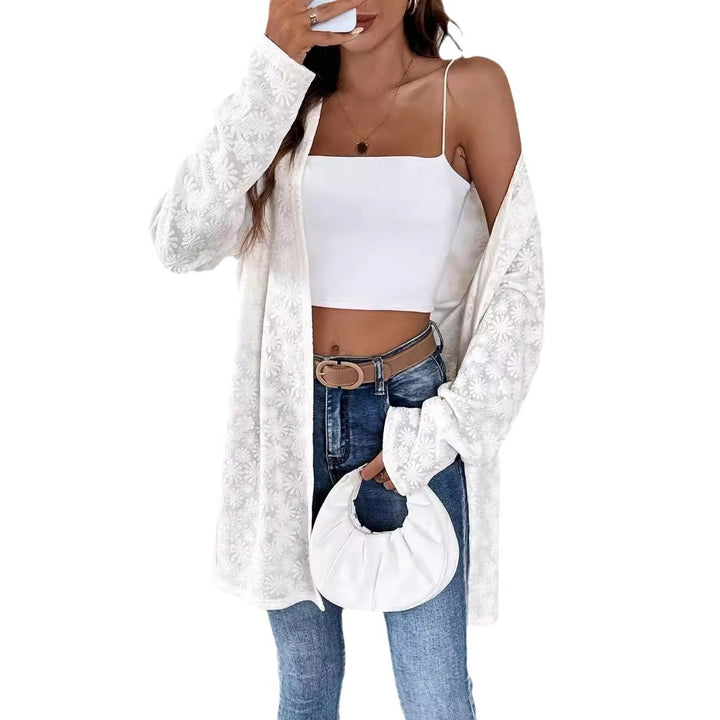 Dame nan fein bestikket Langcardigan af semi-transparent spids med floral strukturrelief Skovae