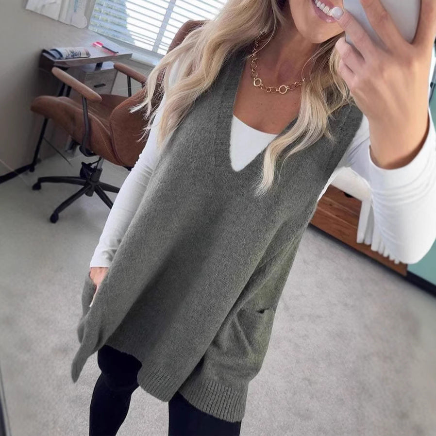 Dame Casual Vest med V-hals og praktiske lommer Stilla