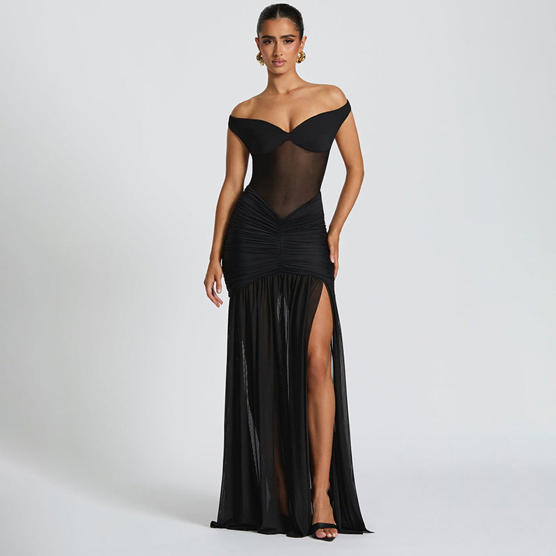 Dame Elegant Maxikjole med rynker og off-shoulder design Stilla