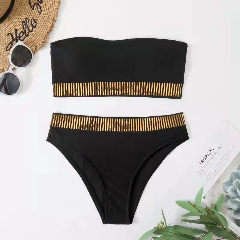 Dame Bandeau Højt skåret Bikini Sæt med Metalaccenter Stilla