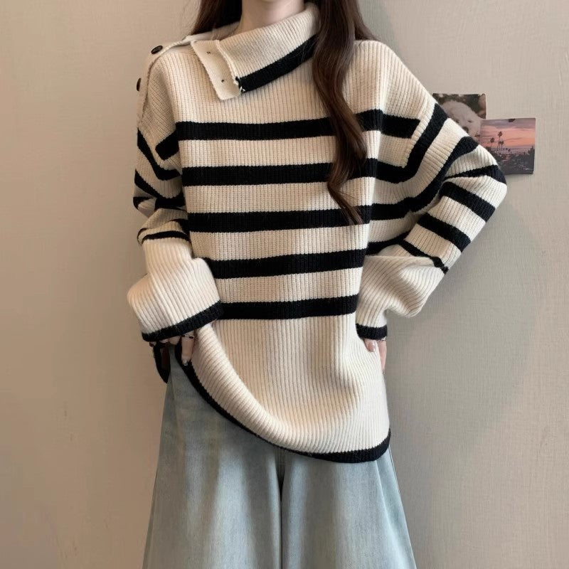 Kvinder Stribet Sweater med Moderne Krave og Knap Detaljer Stilla