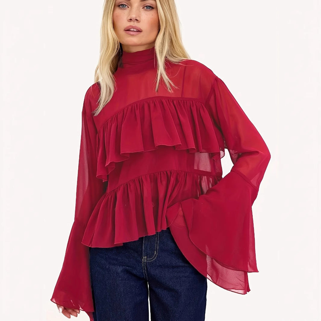 Dame chiffonbluse med voluminøse flæsedetaljer og bredt ærme Stilla
