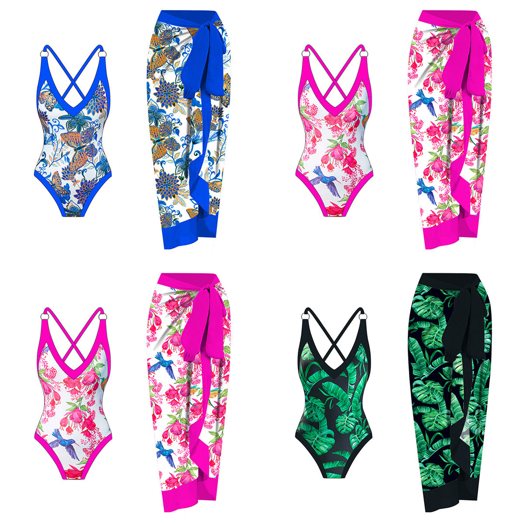 Dame onepiece badedragt med floral design og matchende indpakningsskørt Stilla
