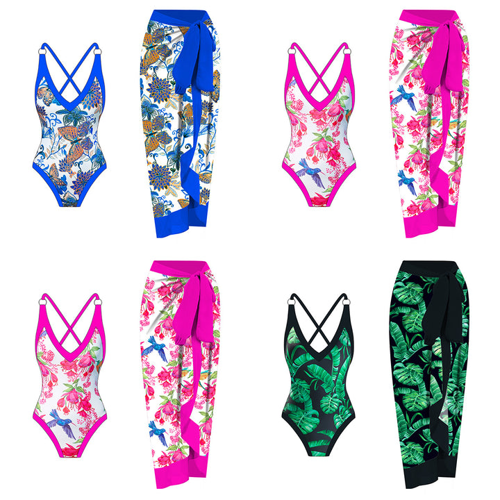 Dame onepiece badedragt med floral design og matchende indpakningsskørt Stilla