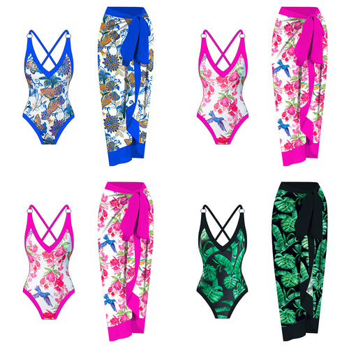 Dame onepiece badedragt med floral design og matchende indpakningsskørt Stilla