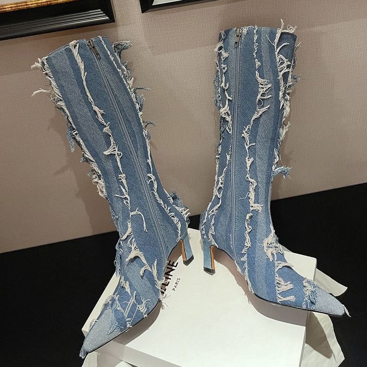 Femme Over-knæet Revnet Denim Stiletto Støvler Stilla