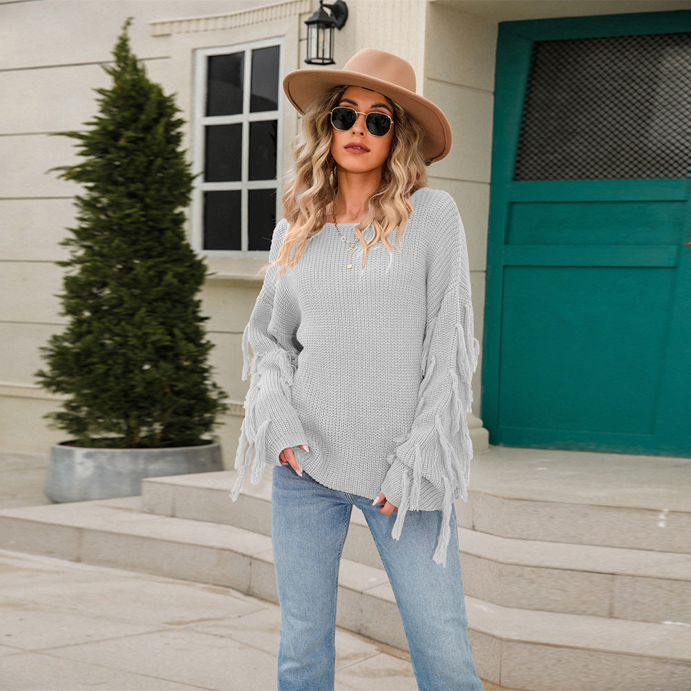 Kvinders afslappede strikket sweater med frynser og bred pasform Stilla