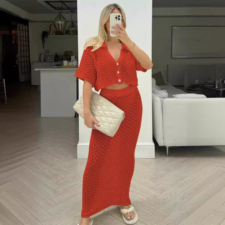 Dame afslappet strik sæt med cropped jakke og omslagsskirt Skovae
