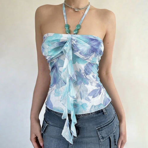 Dame halterneck bluse med blomsterdesign og raffineret krøllekant Skovae