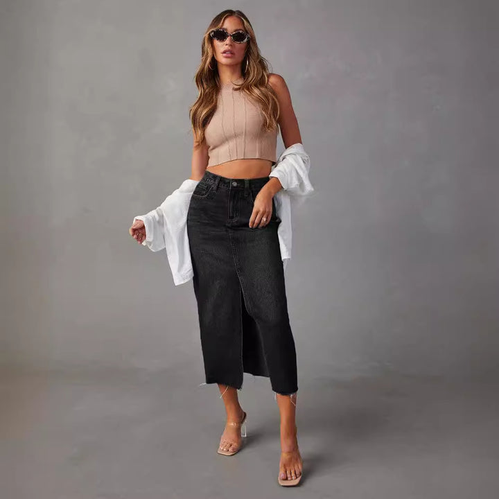 Femme Høj Slids Denim Midi Skirt Stilla