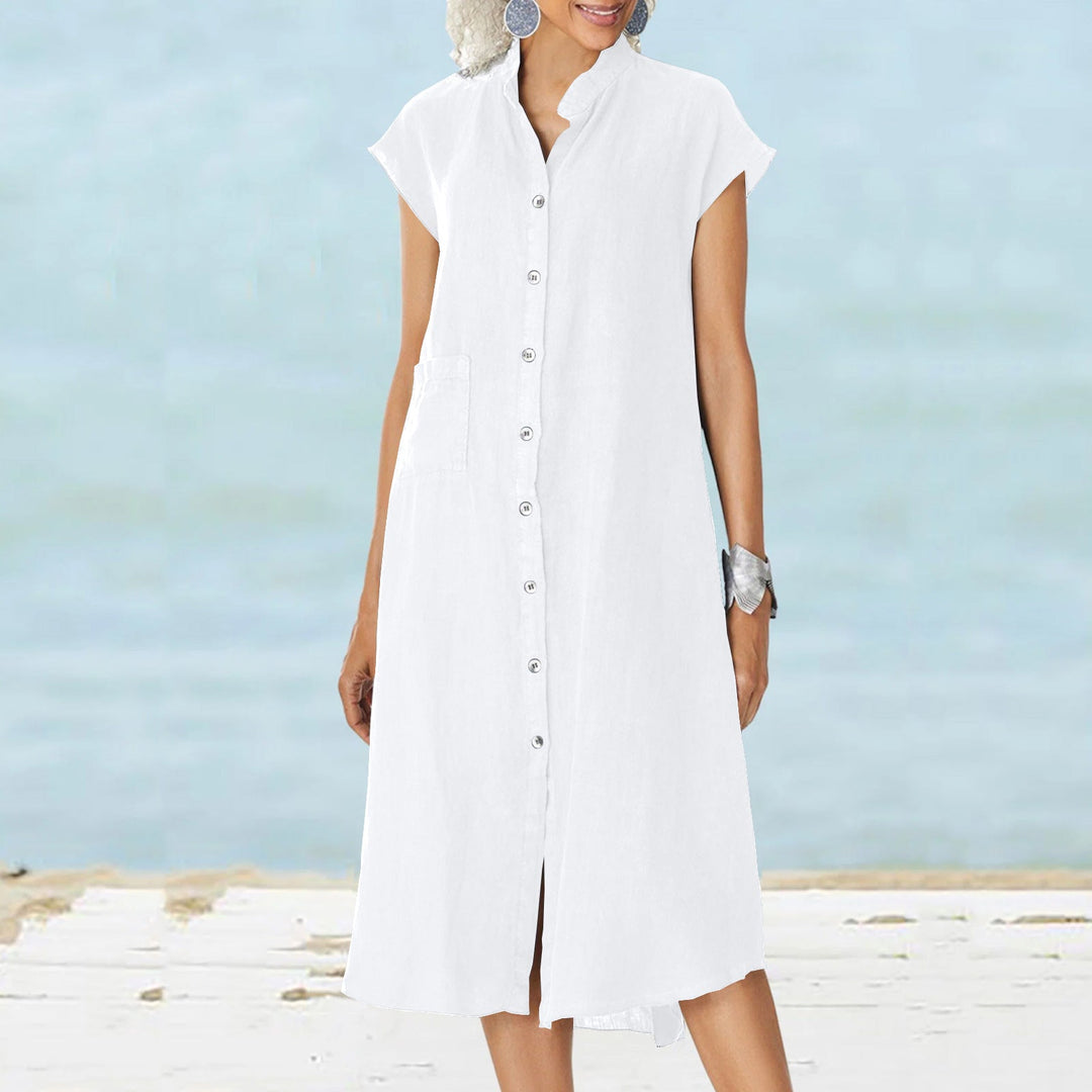 Dame Midi-kjole med komfortabel skjortekrave og praktiske sidelommer Skovae