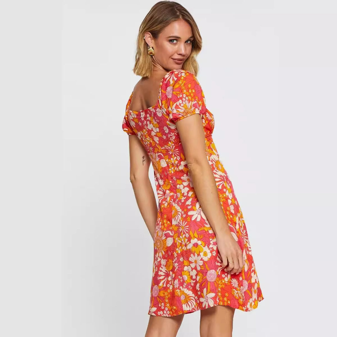 Dame Floral A-linje Mini Kjole med Puffærmer Stilla