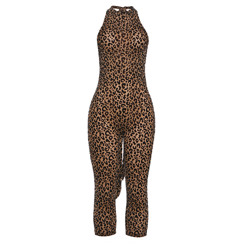 Dame figursyet jumpsuit med leopardmønster og højhalset udskæring Skovae
