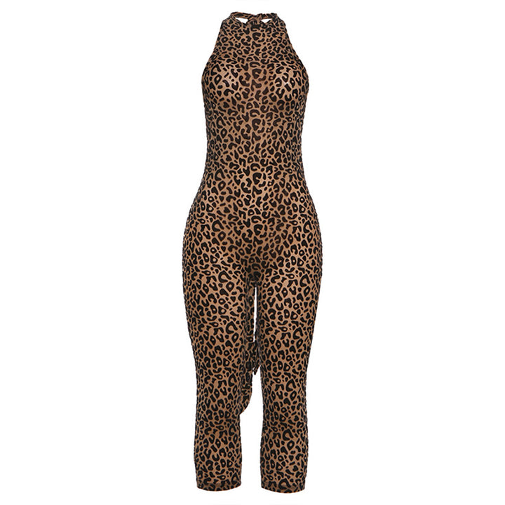 Dame figursyet jumpsuit med leopardmønster og højhalset udskæring Skovae