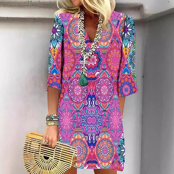 Dame nan kort Boho Strandkjole i Mandala-print med V-udskæring, trekvartærmer og afslappet A-linje Skovae