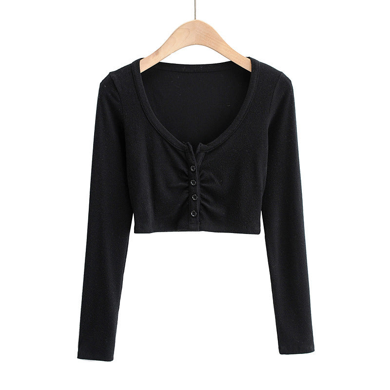Dame cropped langærmet shirt med knapdetaljering og fin struktur Stilla