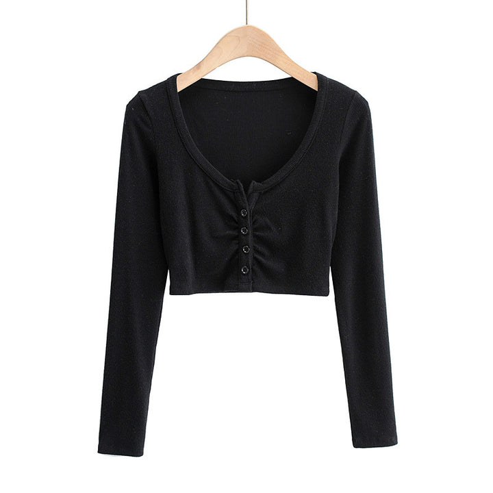 Dame cropped langærmet shirt med knapdetaljering og fin struktur Stilla