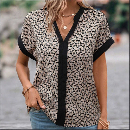 Dame nan let boxy bluse i crepe-look med V-udskæring og kontrastpaspel Skovae