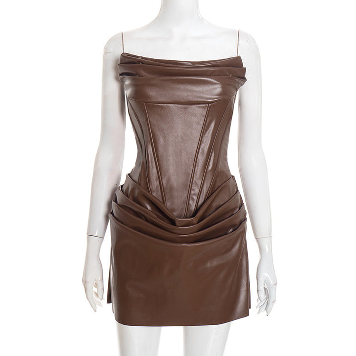 Damen Raffiniertes Minikleid aus hochwertigem Kunstleder mit drapierten Details Skovae