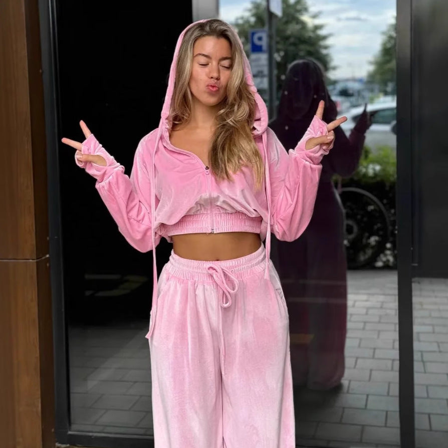 Kvindernes sporty velour loungewear-sæt med høj talje og lynlås Skovae