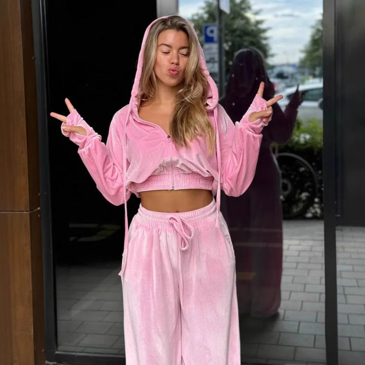 Kvindernes sporty velour loungewear-sæt med høj talje og lynlås Skovae