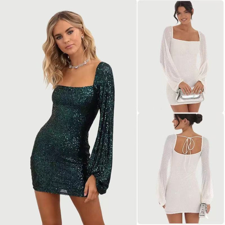 Dames Glamorous Mini Kjole med Elegante Puffærmer og Glitrende Pailletter Skovae