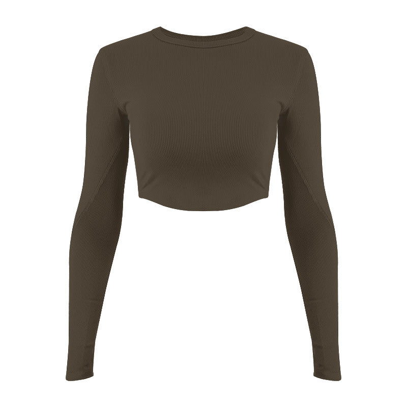 Damer mode Langærmet Crop-Top i elastisk ribmateriale med rund halsudskæring Stilla