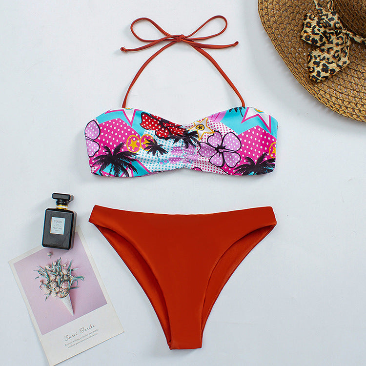 Dame bandeau-bikini med blomsterdesign og skridsikker design Skovae