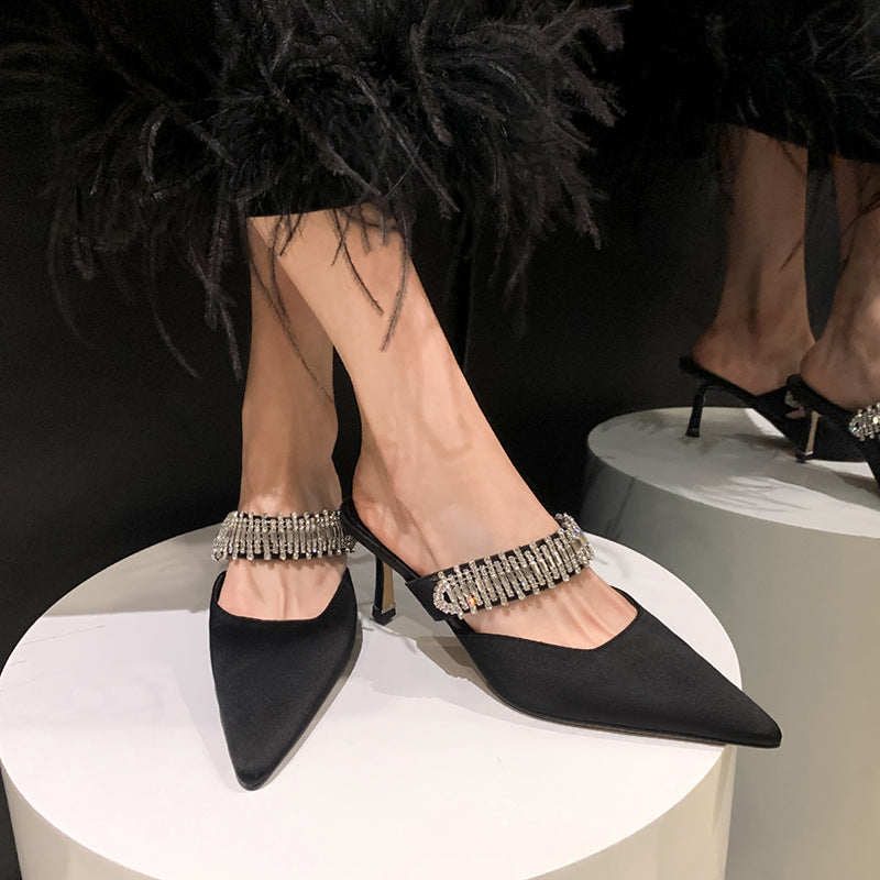 Dame Spids Tå Slingback Hæle med funklende Rhinsten Accenter Stilla