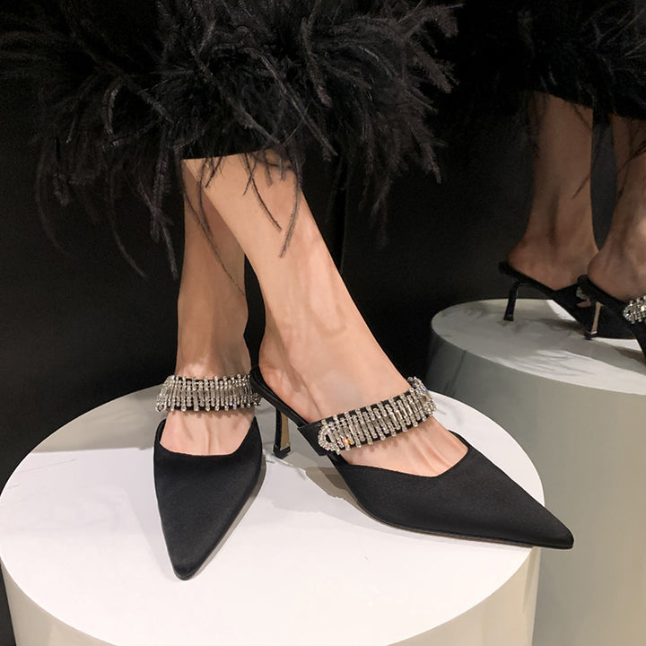 Dame Spids Tå Slingback Hæle med funklende Rhinsten Accenter Stilla