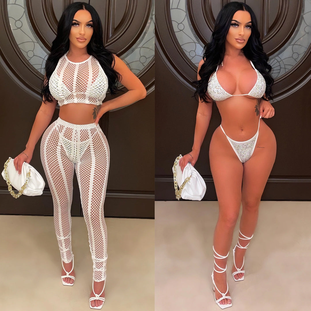 Dame Net tights og Crop-Top sæt med funklerende accenter Stilla