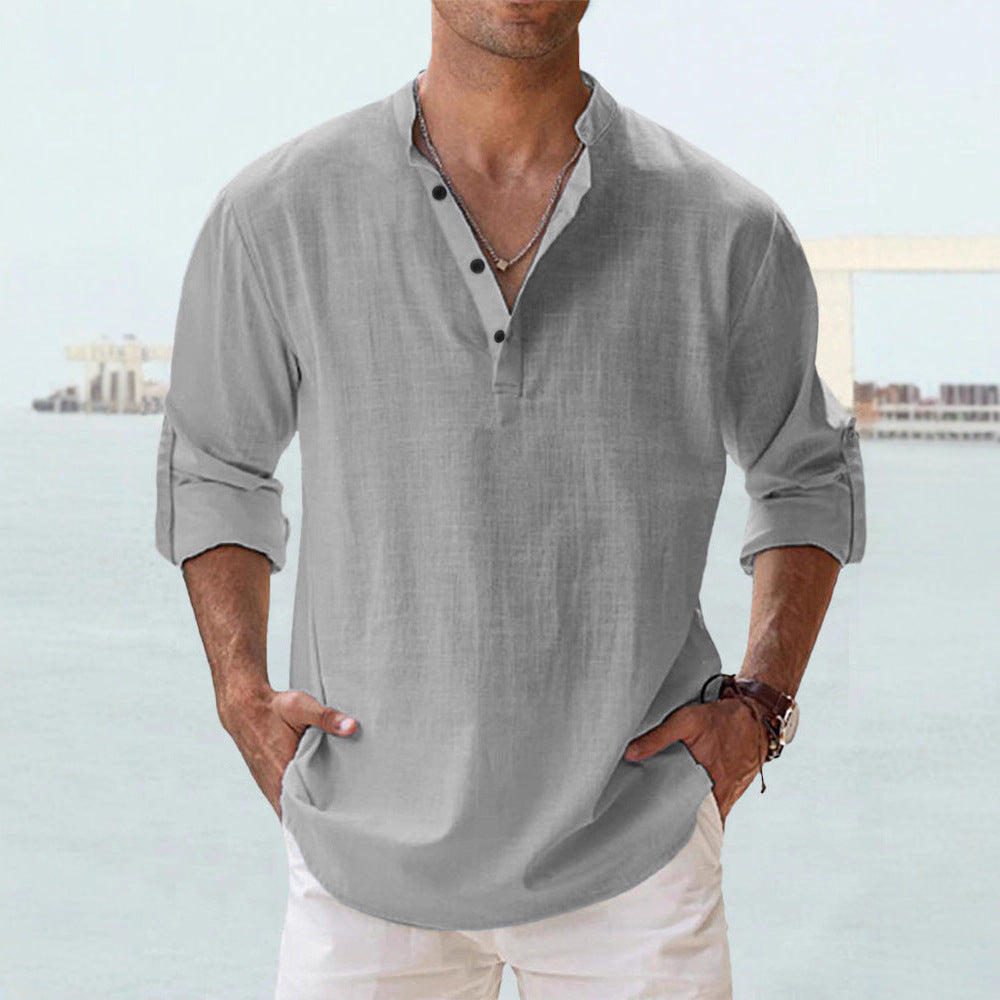 Herrer nan legeres linned Henley-skjorte med ståkrave, oprullede ærmer og buet kant Skovae