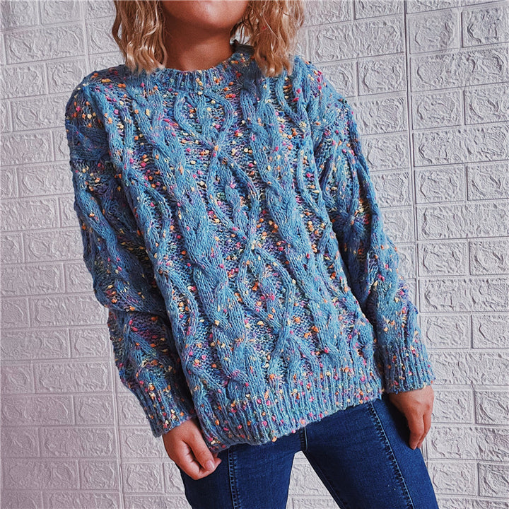 Kvinders chunky strikket sweater med farverigt strikkemønster Stilla
