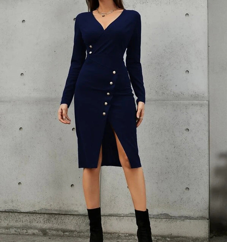 Dame Elegant Wrap Kjole med Knap Detalje Stilla