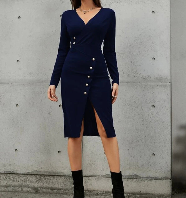 Dame Elegant Wrap Kjole med Knap Detalje Stilla
