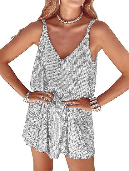 Kvinders glitrende jumpsuit med dyb V-hals og elastisk talje Skovae