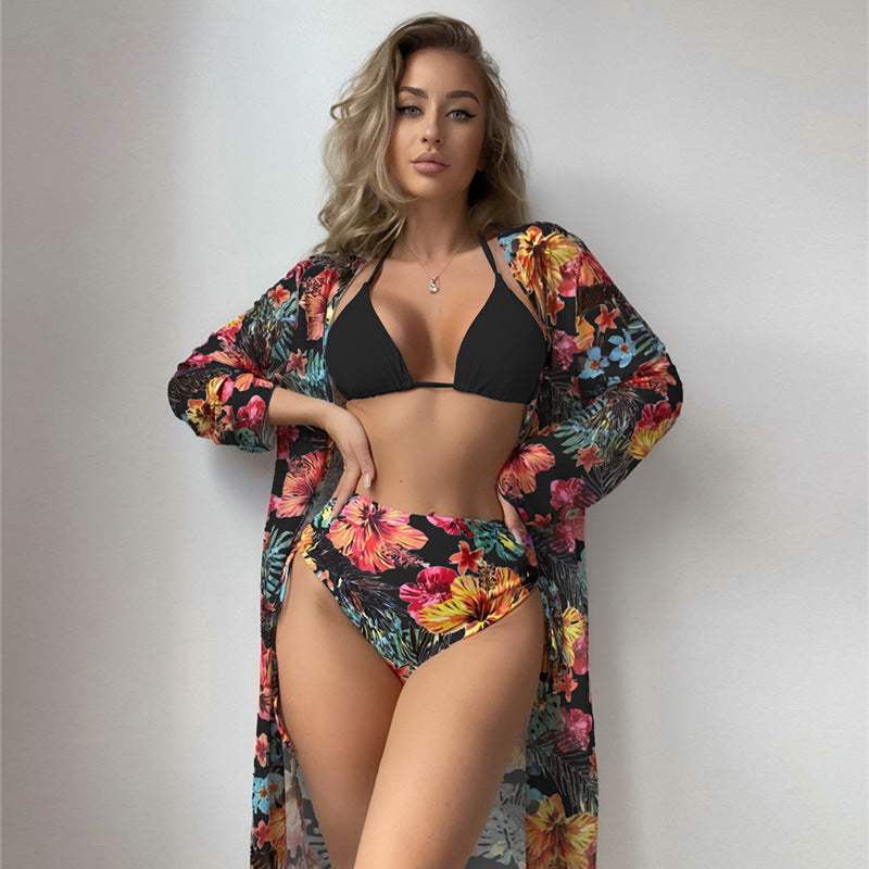 Dame Højtaljet Bikini med blomster Cover-Up Skovae