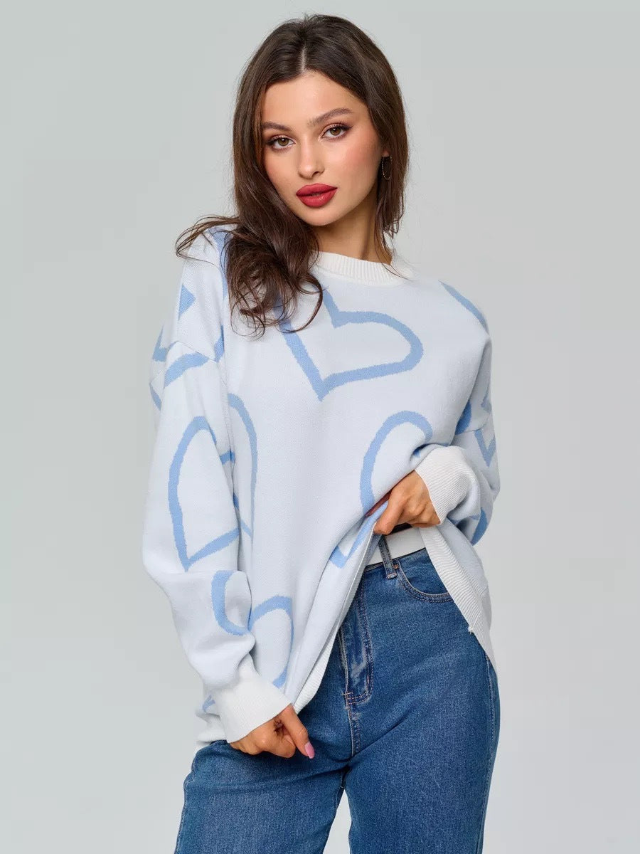 Dame Oversized Hjerte mønster Strikpullover Stilla