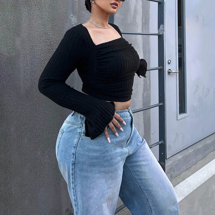 Dame Crop Top med ribbet design og bred ærme Stilla