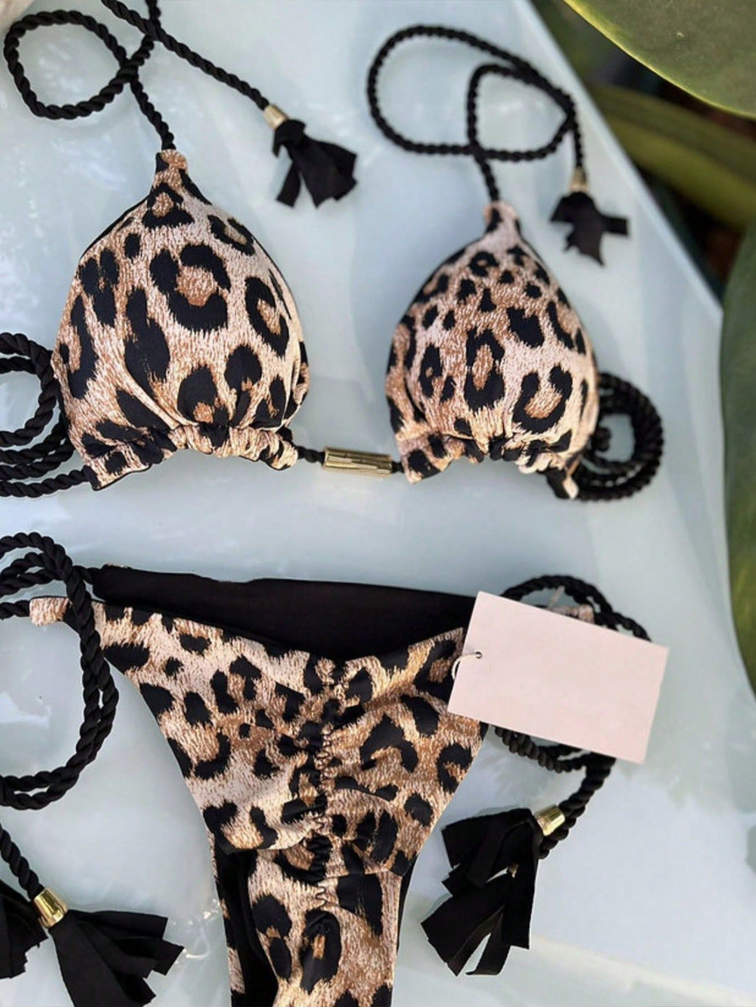 Dame Triangel-Bikini-Sæt med elegant leopardmønster og justerbare snore Stilla