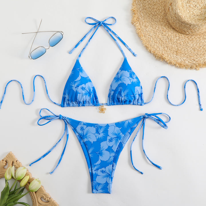 Dame triangel-bikini med floralt design og justerbare stropper Skovae